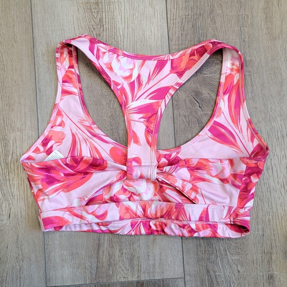 Bright Coral & Hot Pink Floral Sports Bra Crop Top JustFab Athletic Wear Size L - Picture 9 of 9